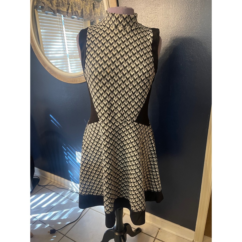Bailey Blue Black White Zig Zag Mock Neck Sleeveless Fit Flare Dress Large